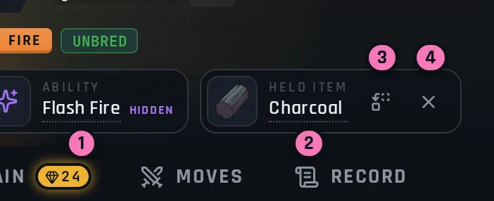 The ability and held item on the Team window