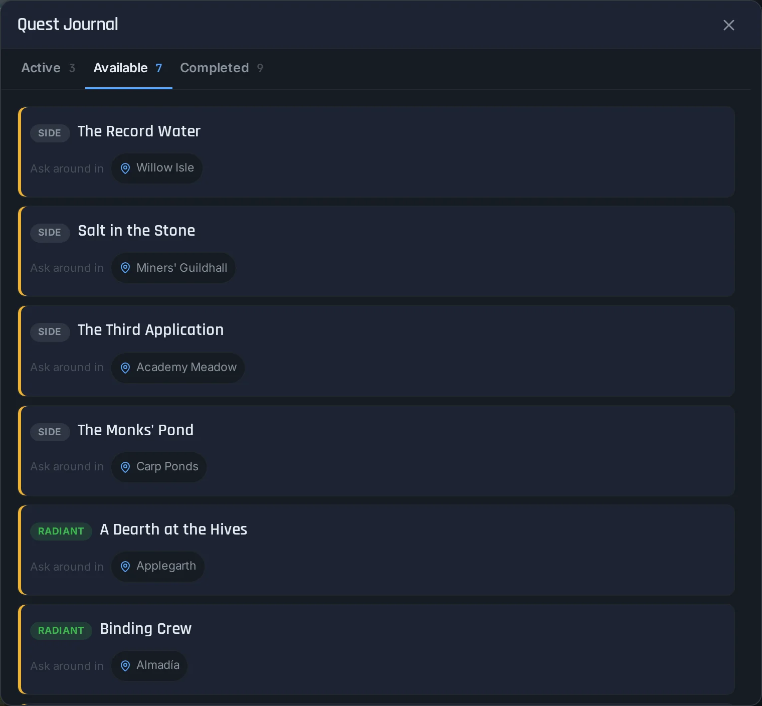 Available quests