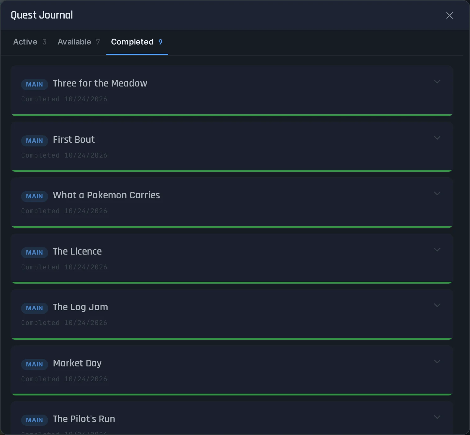 Completed quests in the Journal